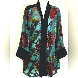 Kimono Jacket With  Black Velvet Trim Sheer Fabric With Velvet Design. 1 Size
